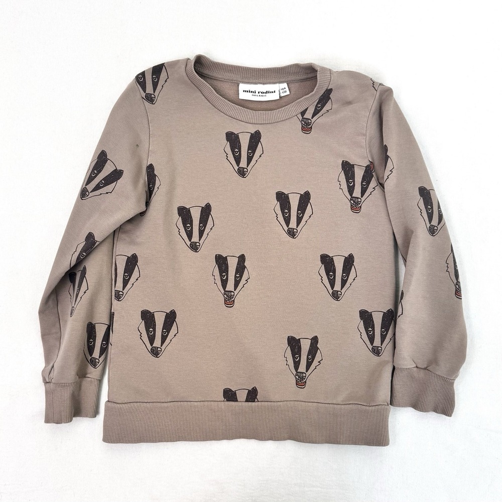 Mini Rodini Taupe Beige Organic Cotton Sweatshirt Long Sleeve Badger Print 110